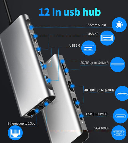 Type-C to Dual HDMI VGA Same Screen Dock 12 in 1 Notebook MacBook Converter USB HUB