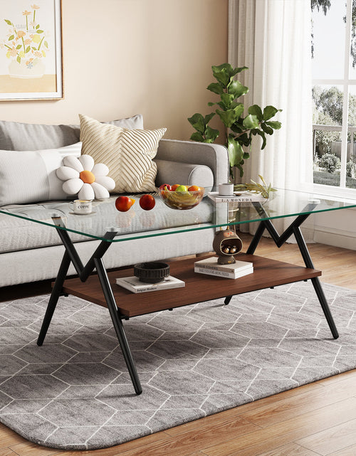 Load image into Gallery viewer, Rectangle Coffee Table with Tempered Glass top and Black Metal Legs, Modern Table for Living Room , Transparent Glass
