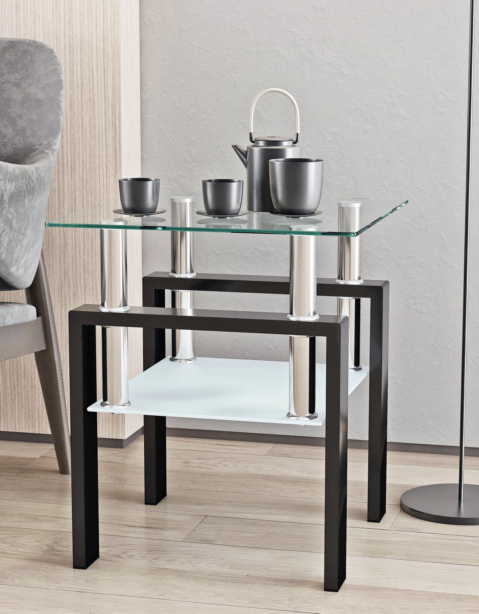 1-Piece Modern Tempered Glass Tea Table Coffee Table End Table, Square Table for Living Room, Transparent/Black