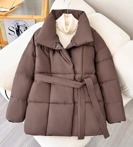 Winter Thick Stand Collar Parkas Women Fashion Tie Waist Short Coats Elegant New Solid Puffer Jackets Female Ladies Streetwear
