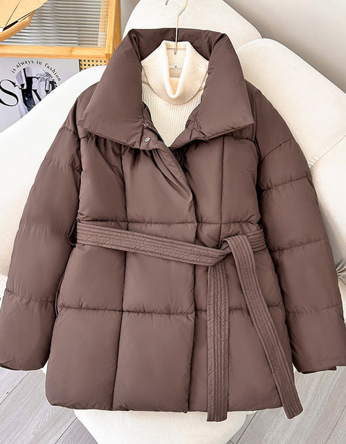 Load image into Gallery viewer, Winter Thick Stand Collar Parkas Women Fashion Tie Waist Short Coats Elegant New Solid Puffer Jackets Female Ladies Streetwear
