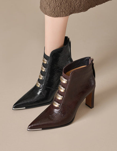 Load image into Gallery viewer, Women's Satin Pointed Toe Chunky Heel Short Boots – Ultra High Heel
