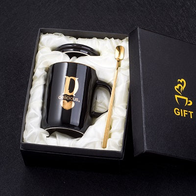 Load image into Gallery viewer, 400ml Creative Gold Finger Printing Black Ceramic Coffee Mug Tea Cup With Gold Handle As Gift With Lid And Spoon
