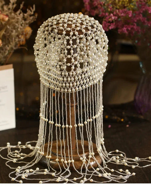 Load image into Gallery viewer, Handmade hollowed out headpiece performance pearl tassel hat
