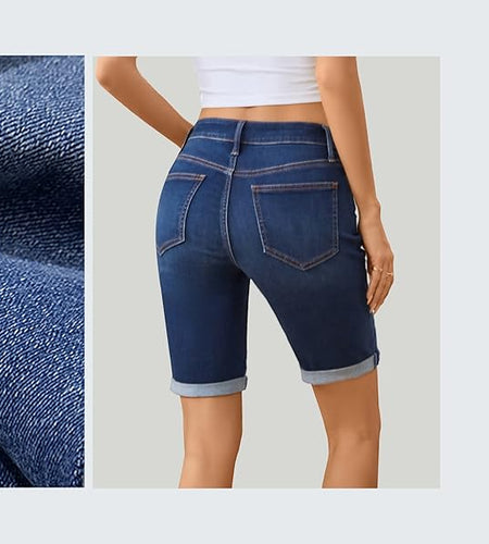 OFLUCK Women's Mid Rise Roll Cuff Stretch Denim Bermuda Shorts Dark Blue Size 10