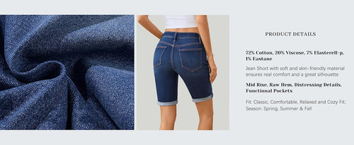 Load image into Gallery viewer, OFLUCK Women's Mid Rise Roll Cuff Stretch Denim Bermuda Shorts Dark Blue Size 10
