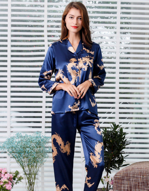 Load image into Gallery viewer, Simulated silk couple sleepwear new long sleeved set men's and women's V-neck silk printed dragon and phoenix home clothes
