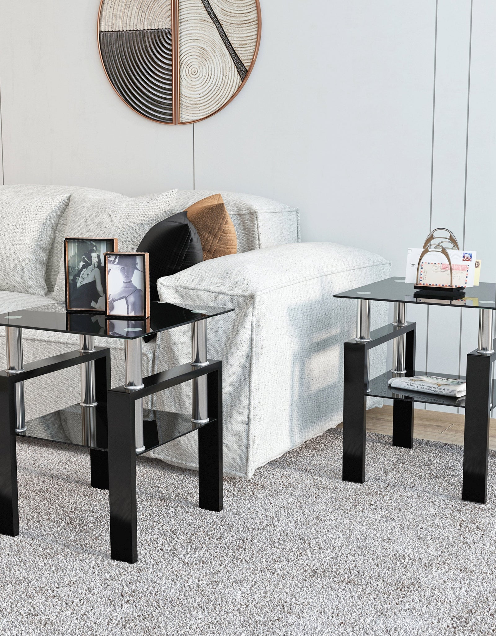 Set of 2, Modern Tempered Glass Tea Table Coffee Table End Table, Square Table for Living Room, Black