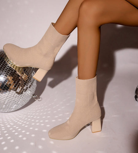 Knitted Round-Toe Sock Boots — High Heel Booties Women