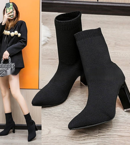 Women’s Chunky-Heeled Knitted Suede Ankle Boots