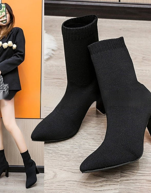 Load image into Gallery viewer, Women’s Chunky-Heeled Knitted Suede Ankle Boots
