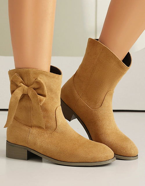 Load image into Gallery viewer, Women’s Low Heel Suede Bow Boots | Large Size Casual Winter Ankle Boots
