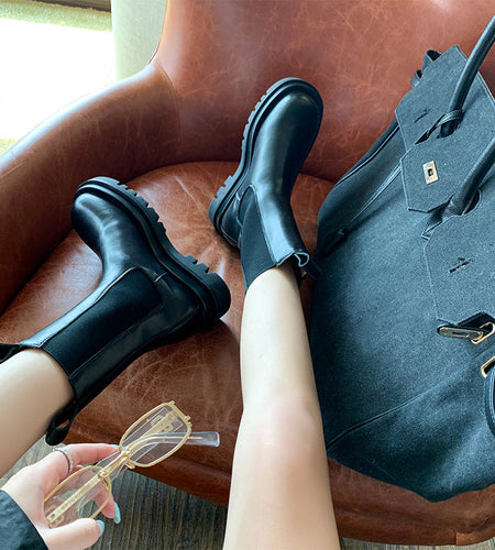 Women’s British-Style Mid-Calf Thick-Soled Leather Boots