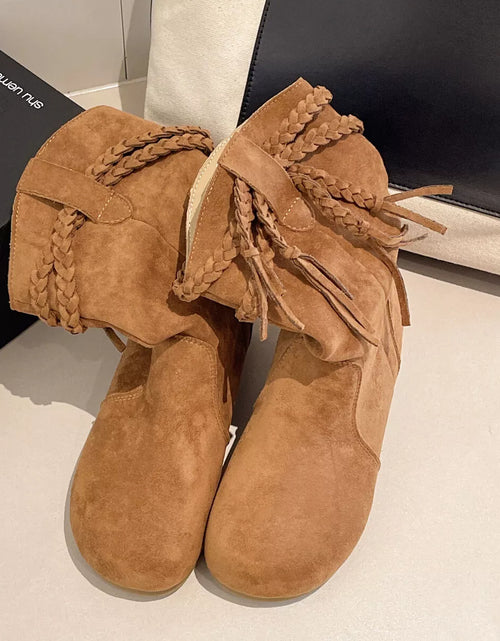 Load image into Gallery viewer, Suede Fringe Round Toe Boots with Block Heel
