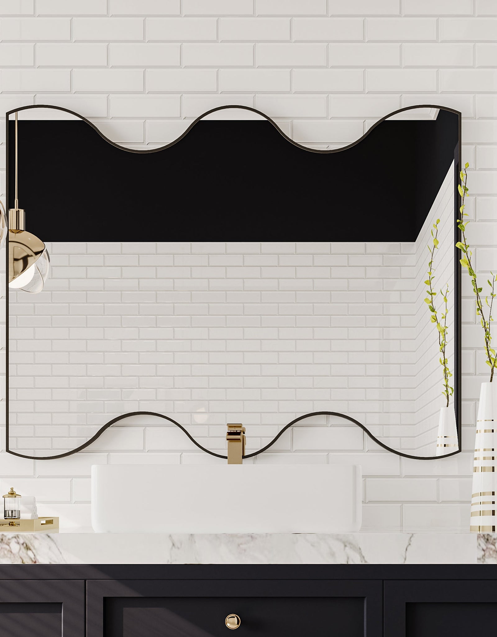Wall Mirror 30x35 Inch Black Rectangular Mirror with 2 Wavy Sides Metal Framed Mirror Vanity Mirror Dressing Mirror