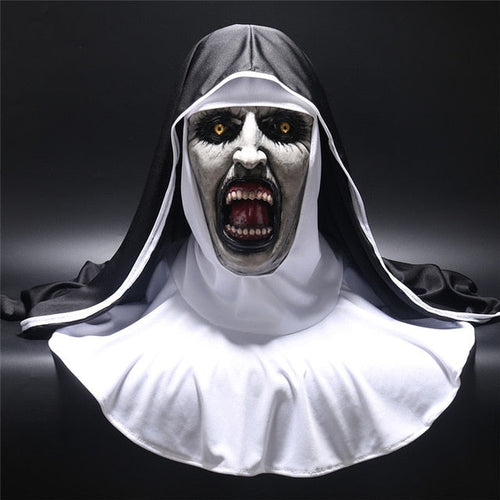 Load image into Gallery viewer, The Nun Horror Mask Cosplay Valak Scary Latex Masks with Headscarf Veil Hood Full Face Helmet Horror Costume Halloween Prop
