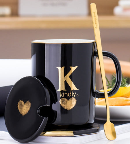 400ml Creative Gold Finger Printing Black Ceramic Coffee Mug Tea Cup With Gold Handle As Gift With Lid And Spoon