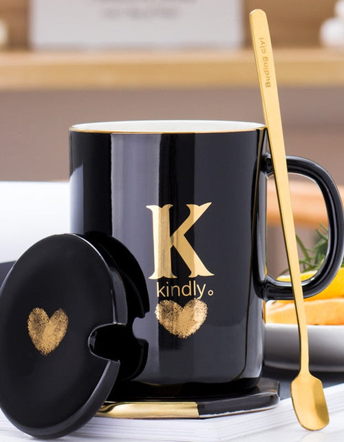 Load image into Gallery viewer, 400ml Creative Gold Finger Printing Black Ceramic Coffee Mug Tea Cup With Gold Handle As Gift With Lid And Spoon
