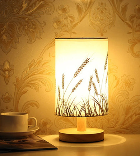 Linen Table Lamp LED Linen Night Lamp w/Warm White Light Linen Nightstand Lamp USB Powered Wooden Beside Lamp