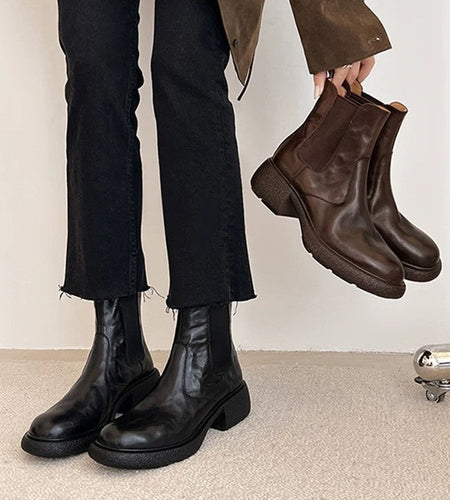 Women’s British-Style Chunky Heel Ankle Boots – Dr. Style Leather Booties for Fall & Winter