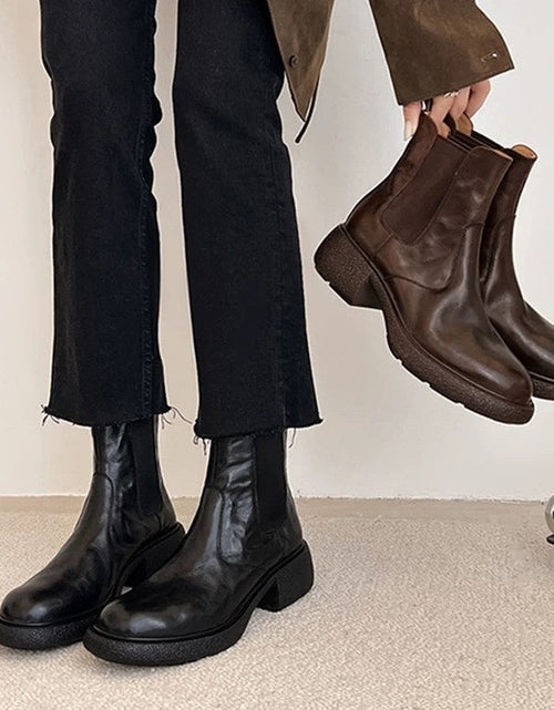 Load image into Gallery viewer, Women’s British-Style Chunky Heel Ankle Boots – Dr. Style Leather Booties for Fall &amp; Winter
