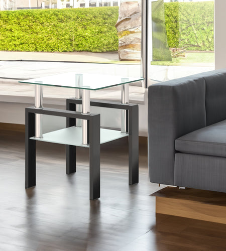 1-Piece Modern Tempered Glass Tea Table Coffee Table End Table, Square Table for Living Room, Transparent/Black