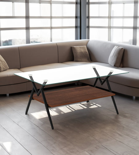 Rectangle Coffee Table with Tempered Glass top and Black Metal Legs, Modern Table for Living Room , Transparent Glass