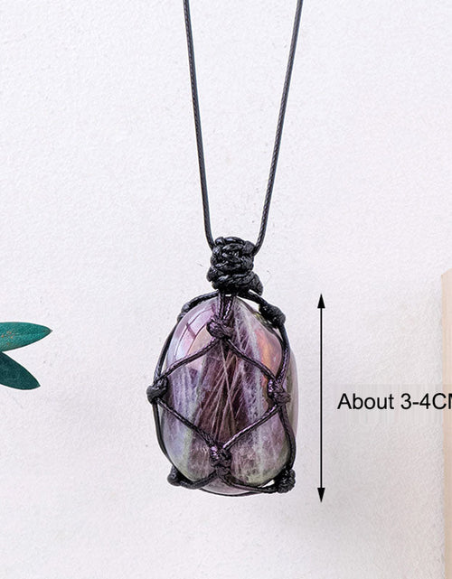 Load image into Gallery viewer, Purple Light Feldspar Raw Stone Handmade Mesh Bag Pendant Moonstone Shape Crystal Necklace
