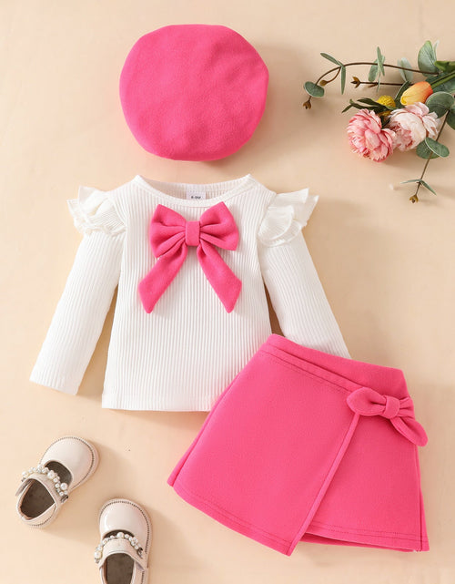 Load image into Gallery viewer, Fashion Step Girl Big Bow Beret Long Sleeve Top with Velvet Half Skirt Autumn/Winter 3-Piece Set
