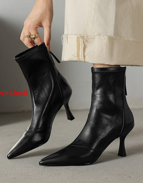 Load image into Gallery viewer, Women’s Cowhide Pointed Toe Stiletto Ankle Boots – Back Zipper High Heel Booties

