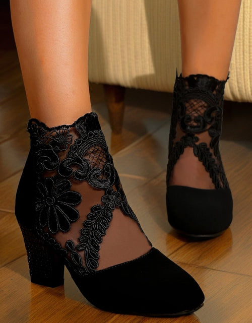 Load image into Gallery viewer, Women’s Lace-Embroidered Mesh Chunky-Heel Ankle Boots
