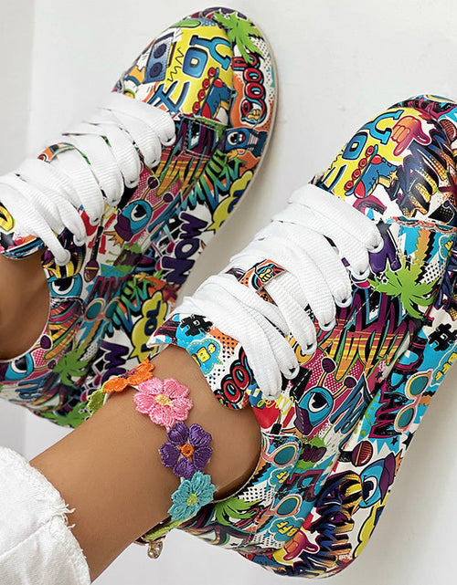 Load image into Gallery viewer, Round-Toe Thick-Sole Lace-Up Sneakers — Women’s Casual Print Shoes
