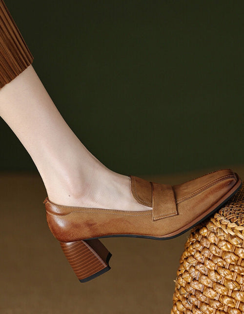 Load image into Gallery viewer, Women's Sheepskin Square Toe Chunky Heel Pumps – Retro High Heel Dress Shoes
