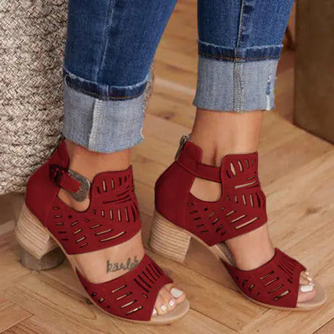 Load image into Gallery viewer, Cutout Floral Chunky Heels Women's Sandals

