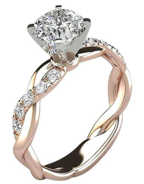 Load image into Gallery viewer, European and American jewelry 18k rose gold plated two-tone princess square diamond ring cross twist diamond ring
