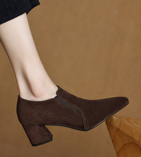 Women's Suede Pointed Toe Chunky Heel Pumps – Deep Vamp Low Heel