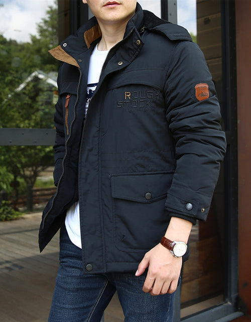 Load image into Gallery viewer, Winter men's thick cotton jacket with added fleece medium to long length warm plus large size multi pocket cotton jacket
