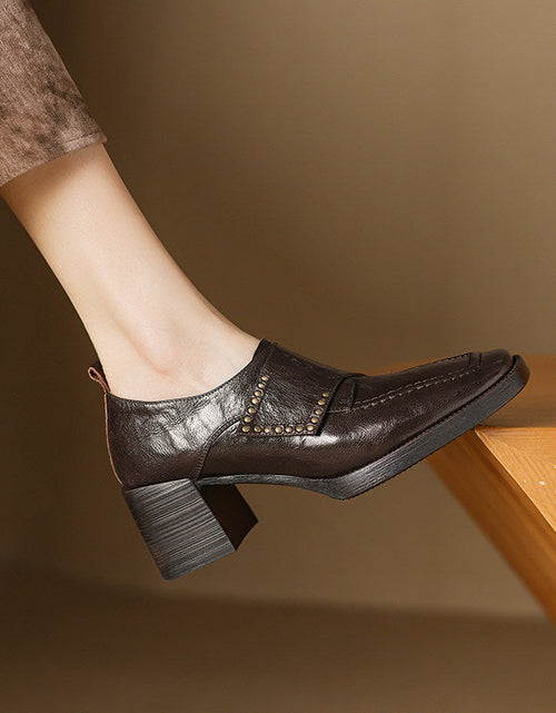 Load image into Gallery viewer, Women's British Style Square Toe Chunky Heel Pumps – Deep Vamp Studded
