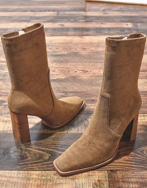 Load image into Gallery viewer, Square Toe Fleece-Lined French Boots – Chunky Heel Winter Style
