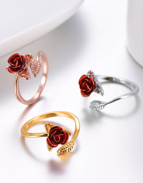 Load image into Gallery viewer, U7 Red Rose Garden Flower Leaves Resizable Finger Rings for Women Valentine's Day Gift Jewelry Hot Sale Open Ring R1019
