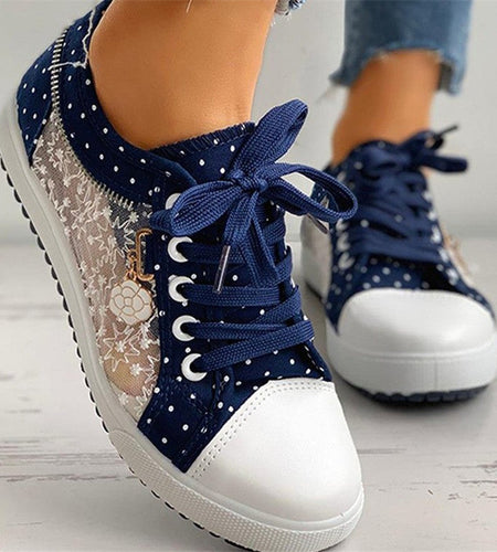 Floral Embroidered Polka Dot Print Sneakers — Women’s Casual Canvas Shoes