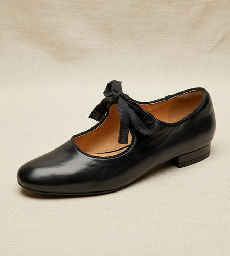 Women's French Vintage Genuine Leather Round Toe Chunky Heel Shoes