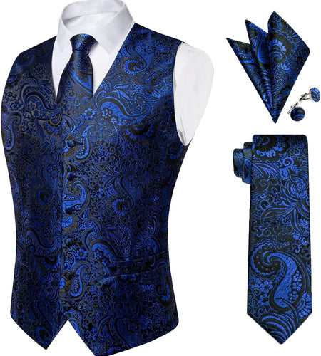 YourTies Royal Blue Paisley Silk Vest Waistcoat Tie Pocket Square Set