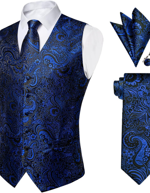 Load image into Gallery viewer, YourTies Royal Blue Paisley Silk Vest Waistcoat Tie Pocket Square Set
