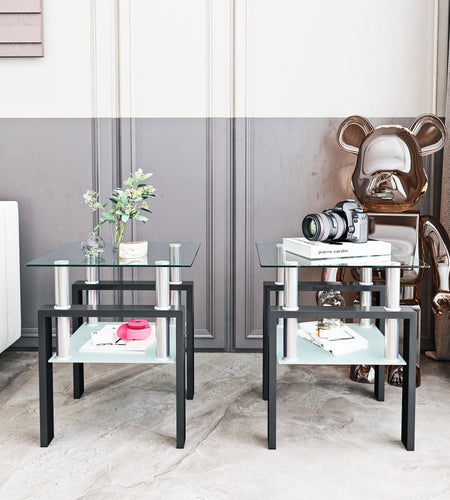 Set of 2, Modern Tempered Glass Tea Table Coffee Table End Table, Square Table for Living Room, Transparent/Black