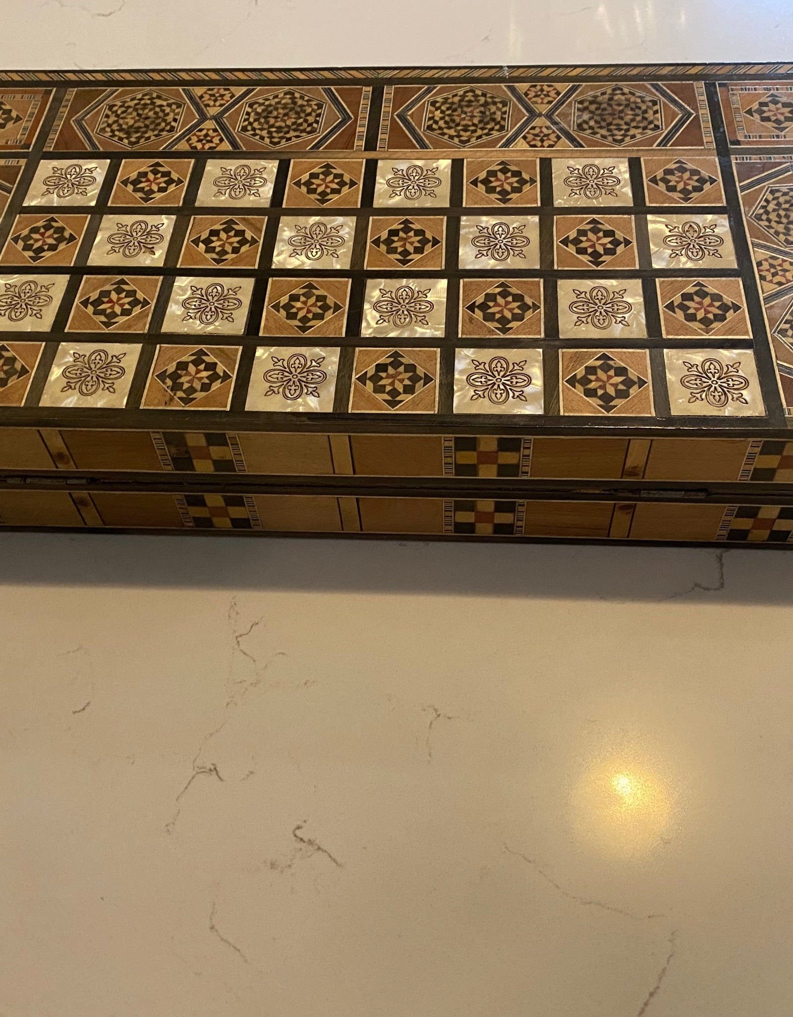 Vintage Mosaic Wooden Inlaid Marquetry Box Backgammon Set