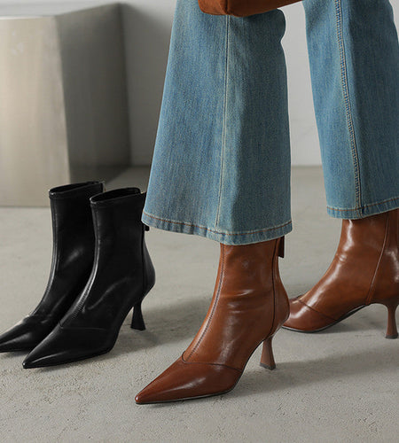 Women’s Cowhide Pointed Toe Stiletto Ankle Boots – Back Zipper High Heel Booties