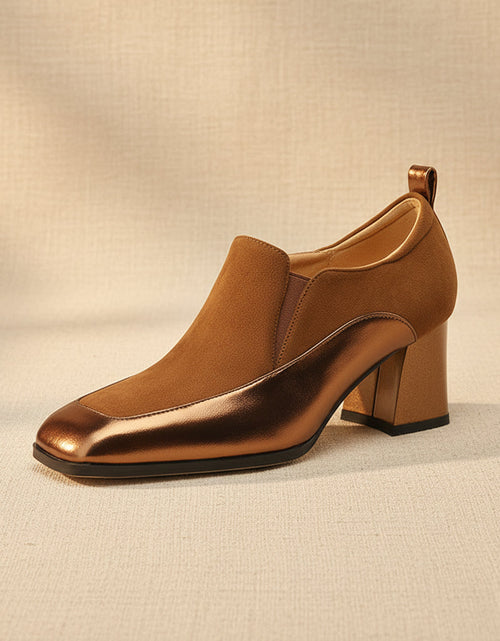 Load image into Gallery viewer, Women's Retro Cowhide Square Toe Chunky Heel Slip-On Pumps

