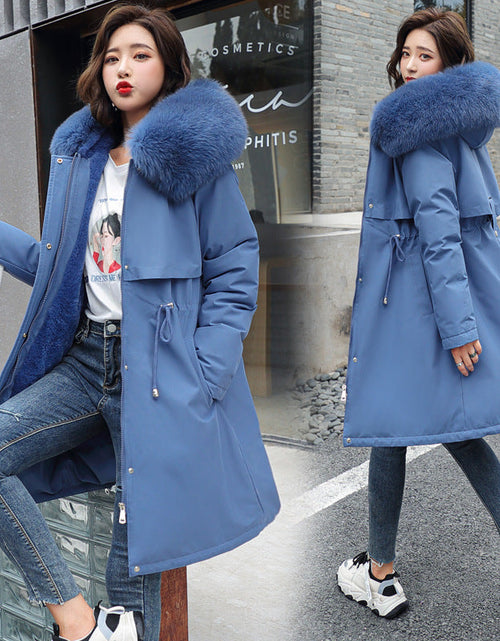 Load image into Gallery viewer, Korean version of long and medium length big fur collar with fleece jacket cotton jacket for women's fashion
