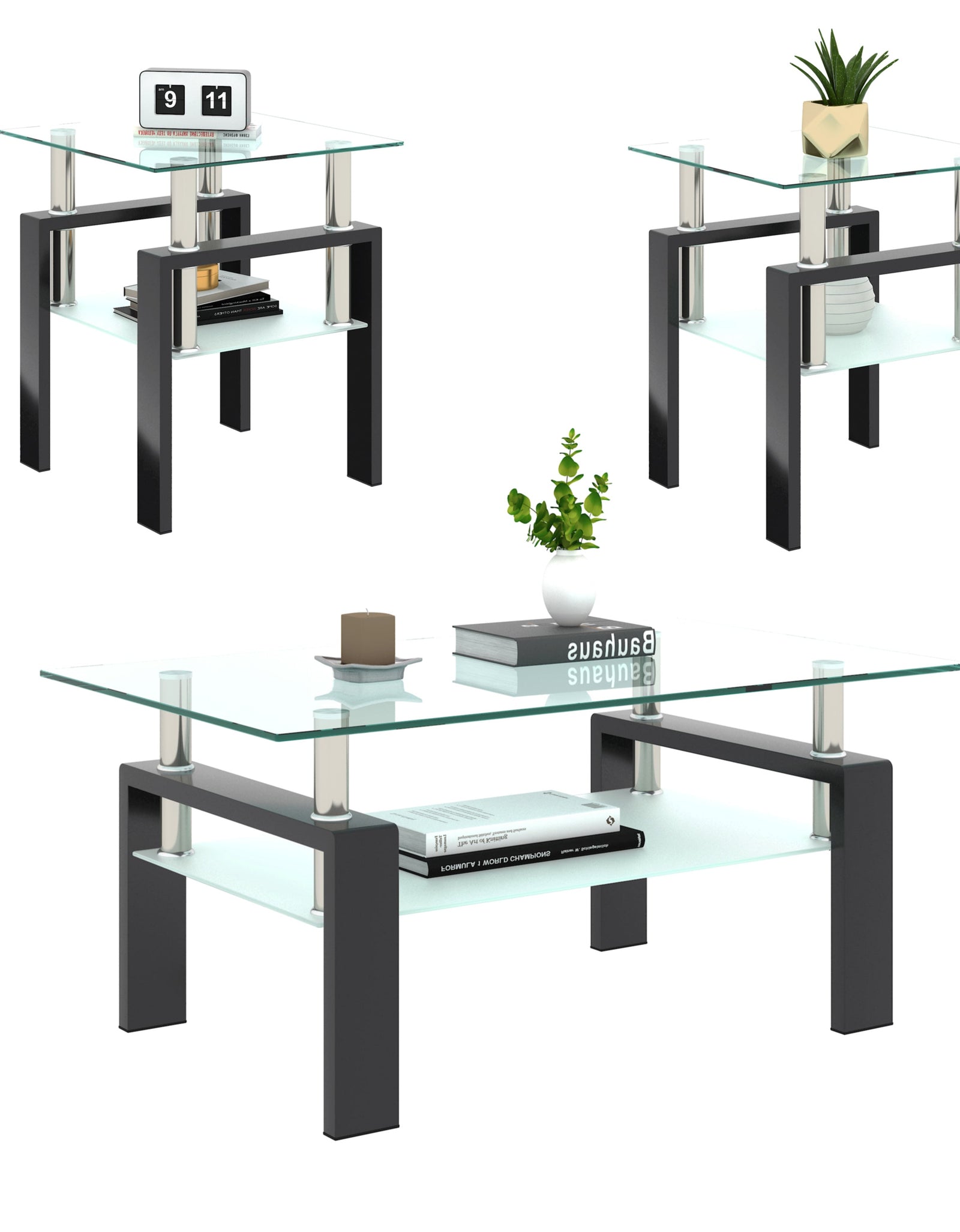 Set of 2, Modern Tempered Glass Tea Table Coffee Table End Table, Square Table for Living Room, Transparent/Black